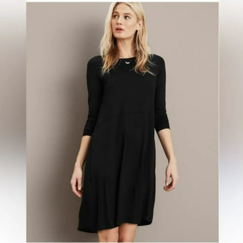 Eileen Fisher Black Long Sleeve Crewneck Viscose Dress with Pockets Size S